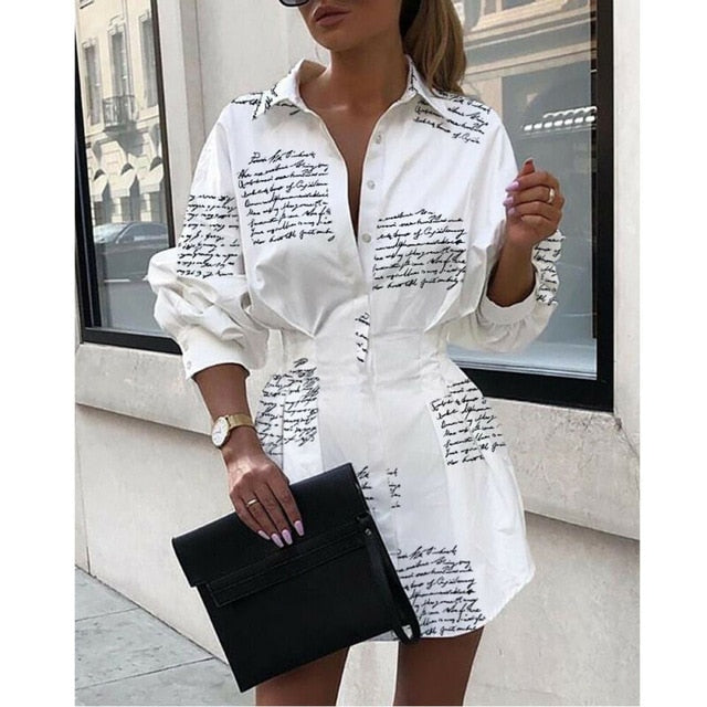 Long Sleeve Deep V Shirt Dress Sexy Mini