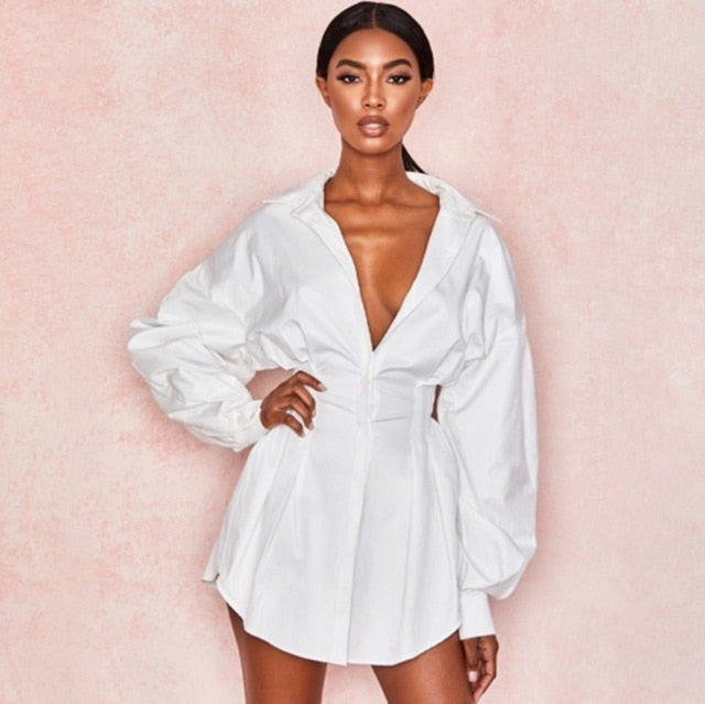 Long Sleeve Deep V Shirt Dress Sexy Mini