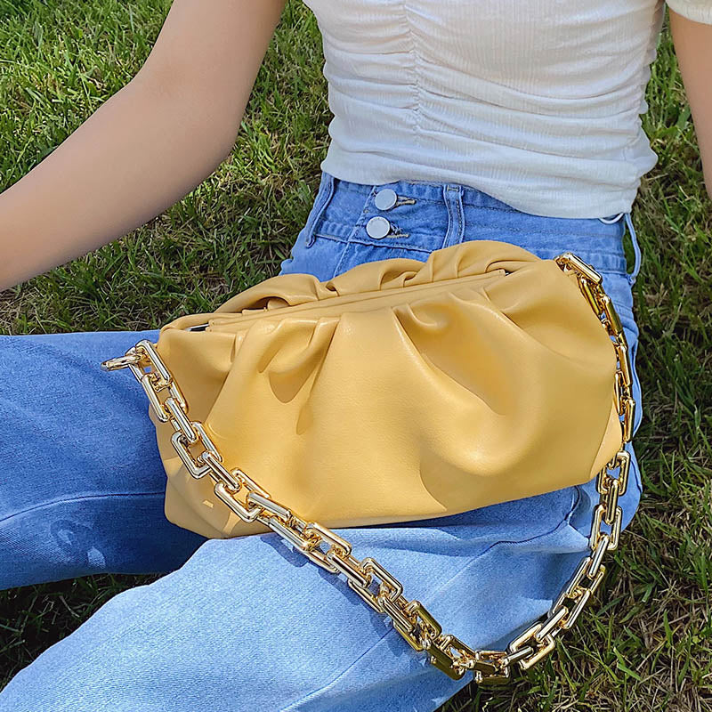 Pleated Baguette Pouch Totes Handbag  Gold Chains Spring colors