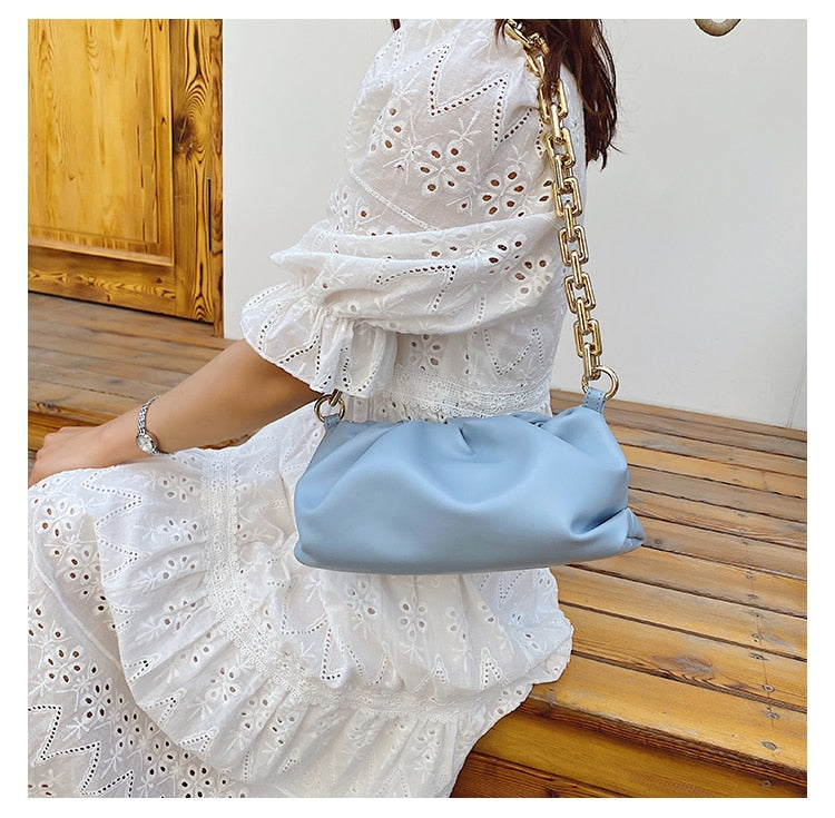 Pleated Baguette Pouch Totes Handbag  Gold Chains Spring colors