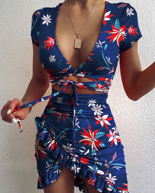 Floral Print Fashion Tie Up Wrap Mini Dress 2021 Spring Holiday