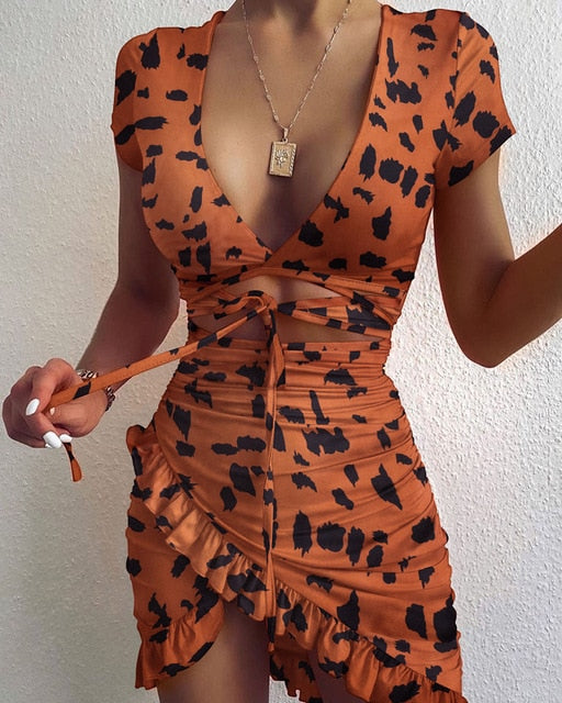Floral Print Fashion Tie Up Wrap Mini Dress 2021 Spring Holiday