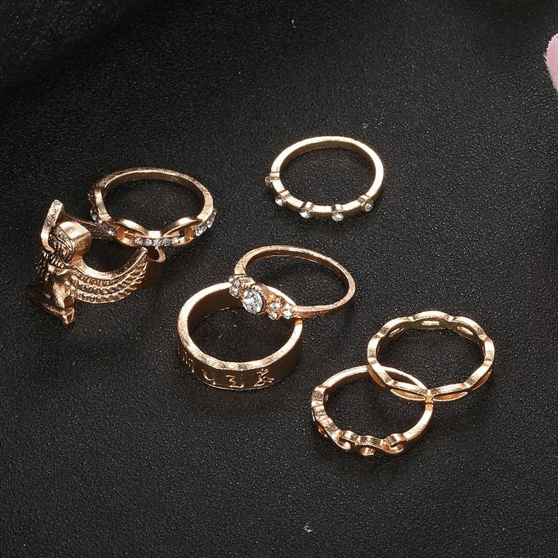 Vintage Gold Rings Retro Gem Owl 7-Piece Ring Set