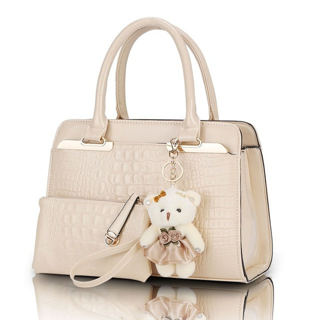 Sun Abasca - Leather Women Shoulder Bags Elegant  2 bags/set w/ Bear Toy