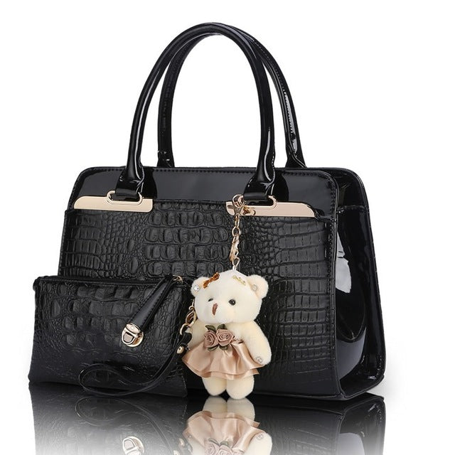 Sun Abasca - Leather Women Shoulder Bags Elegant  2 bags/set w/ Bear Toy