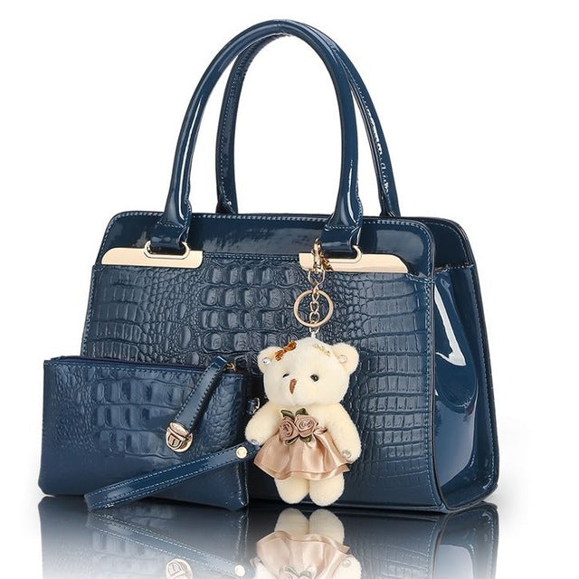 Sun Abasca - Leather Women Shoulder Bags Elegant  2 bags/set w/ Bear Toy