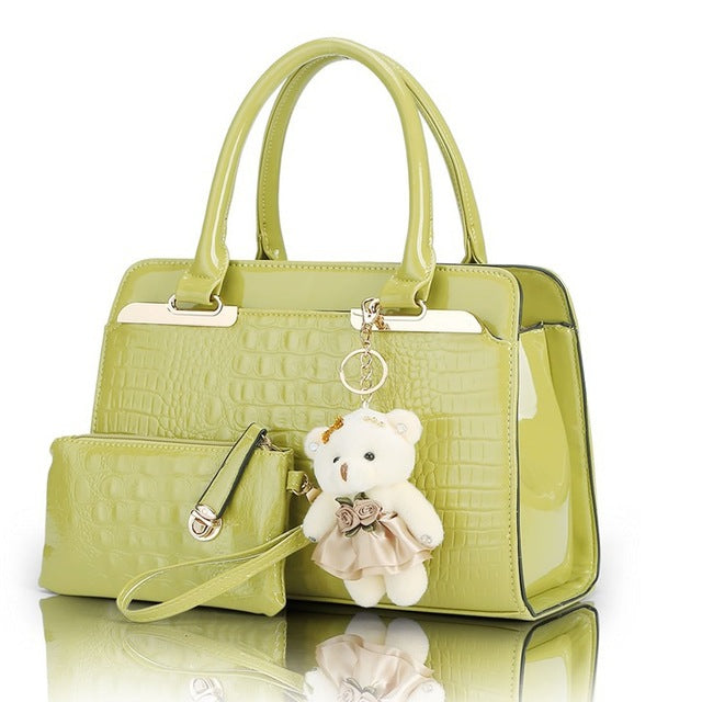 Sun Abasca - Leather Women Shoulder Bags Elegant  2 bags/set w/ Bear Toy
