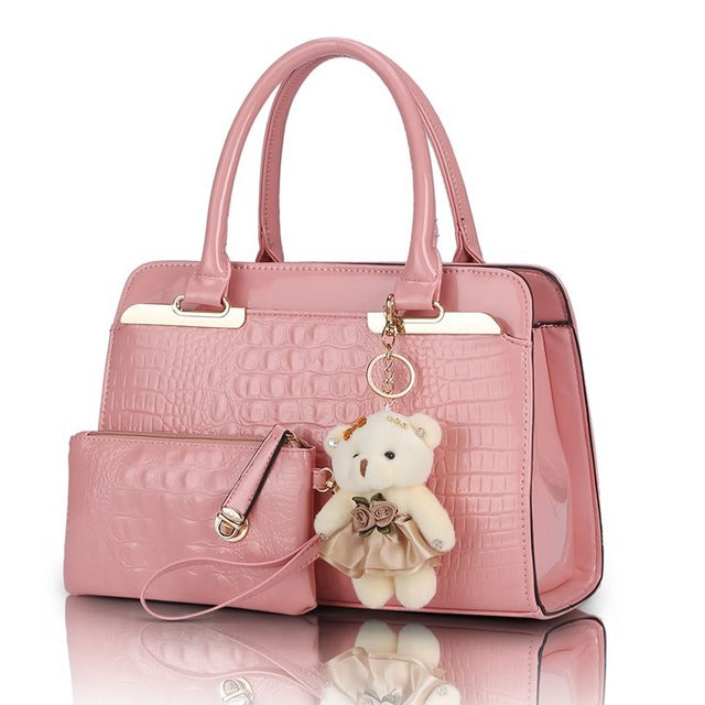 Sun Abasca - Leather Women Shoulder Bags Elegant  2 bags/set w/ Bear Toy