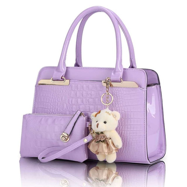 Sun Abasca - Leather Women Shoulder Bags Elegant  2 bags/set w/ Bear Toy