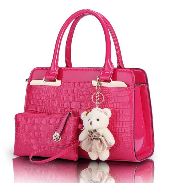 Sun Abasca - Leather Women Shoulder Bags Elegant  2 bags/set w/ Bear Toy