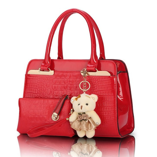 Sun Abasca - Leather Women Shoulder Bags Elegant  2 bags/set w/ Bear Toy
