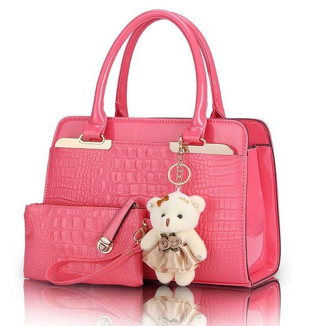 Sun Abasca - Leather Women Shoulder Bags Elegant  2 bags/set w/ Bear Toy